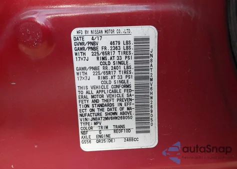 2017 Nissan Rogue Sv from USA, damaged, VIN JN8AT2MV6HW269050